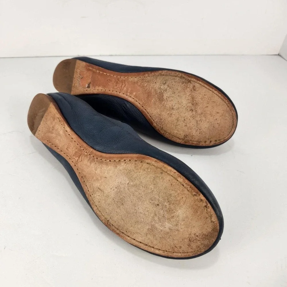 Tory Burch Reva Ballet Flats Women's 6 M Navy Blue Leather Gold Logo Shoes